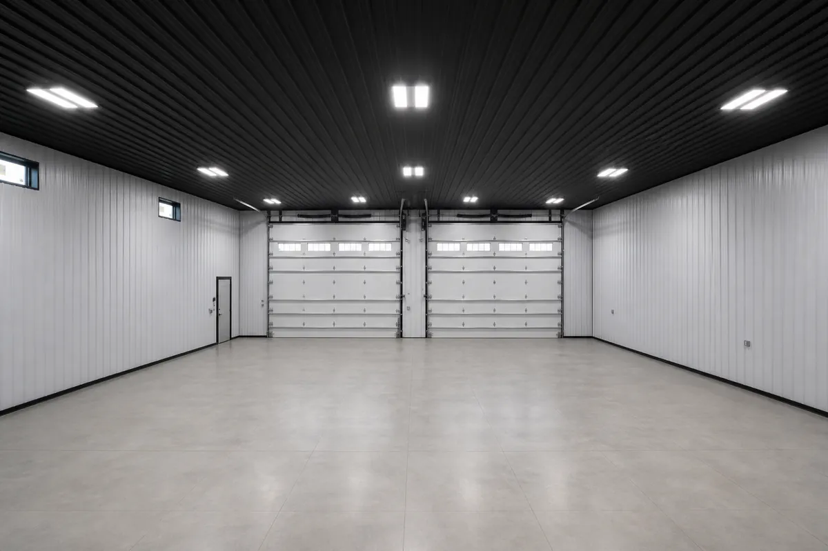 Interior of pole barn garage with white steel walls, black ceiling, and two insulated overhead doors.