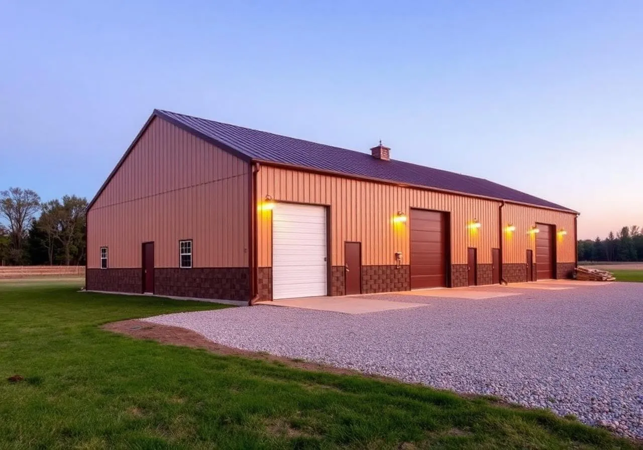 Large red metal storage building with multiple garage doors and exterior lighting.