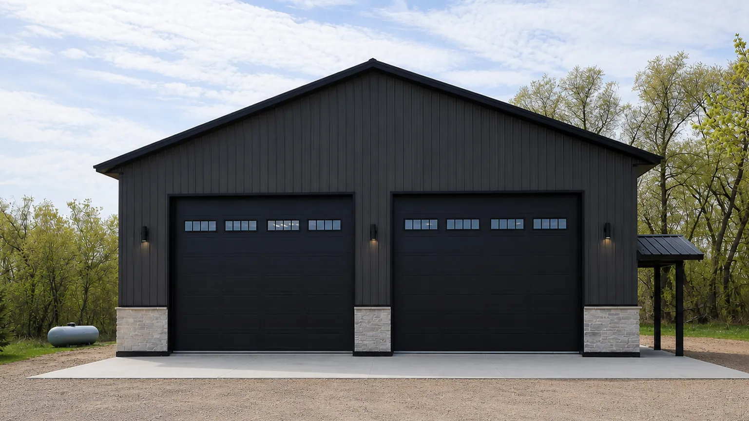 Black pole barn with dark metal siding, two overhead doors, stone wainscoting, and gravel apron on a rural Midwest property.