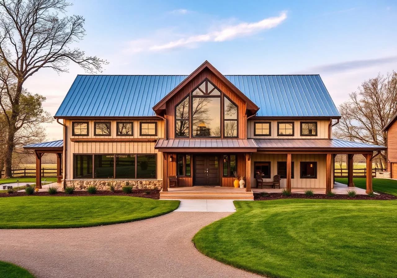 Two-story barndominium with metal roof, wood beam accents, stone foundation, and wraparound porch in western Wisconsin.
