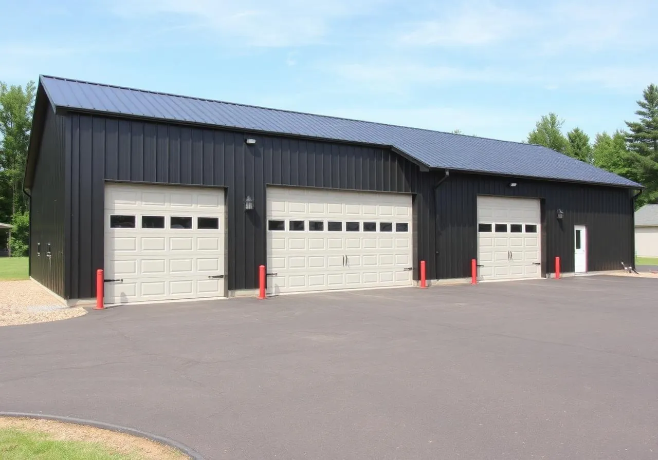 Black garage and shop with three overhead doors.