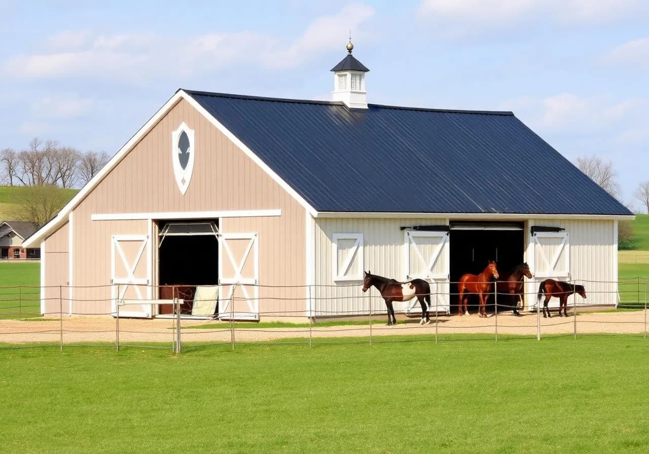 White equestrian horse barn with cupola and sliding doors housing horses.