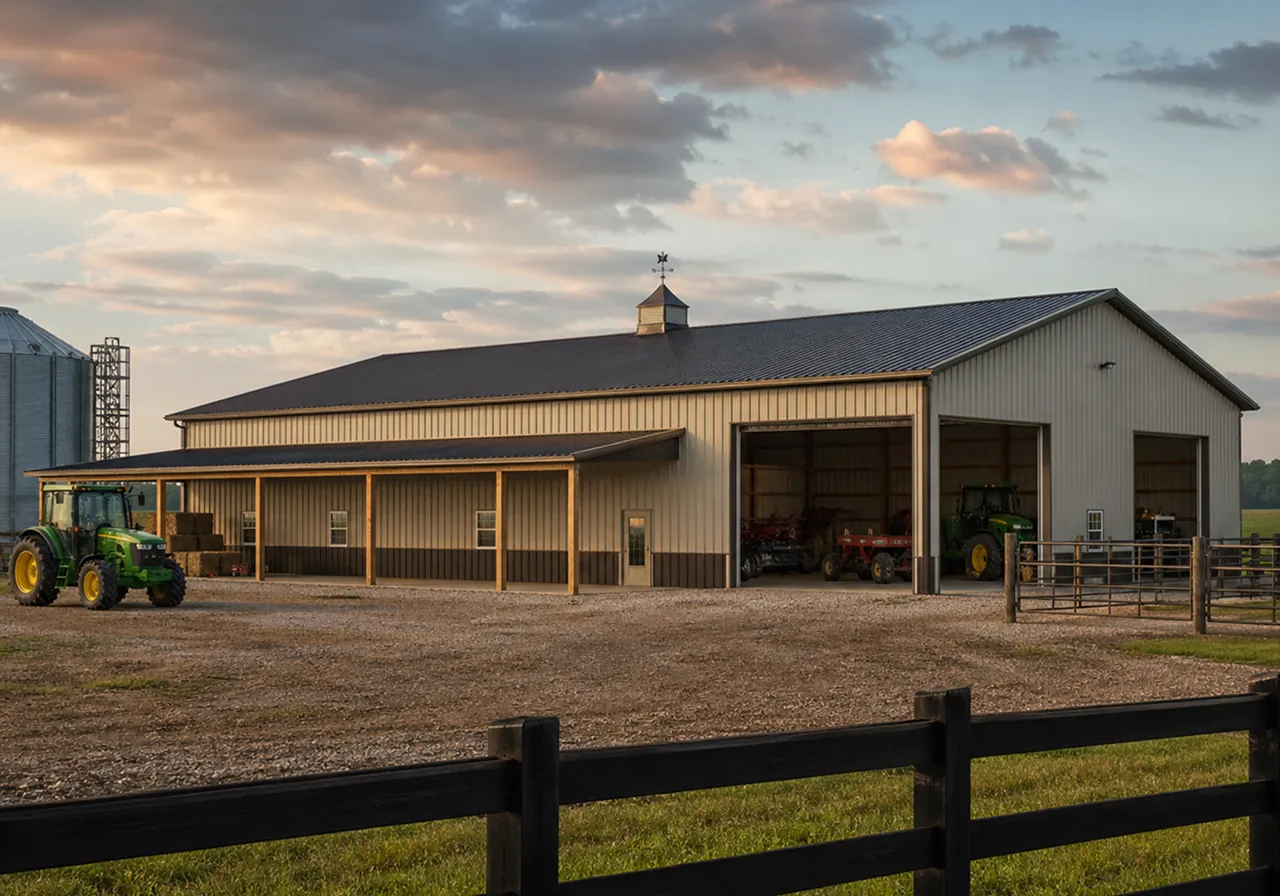 Large agricultural pole barn with lean-to open equipment bay and tractors on a Minnesota farm.