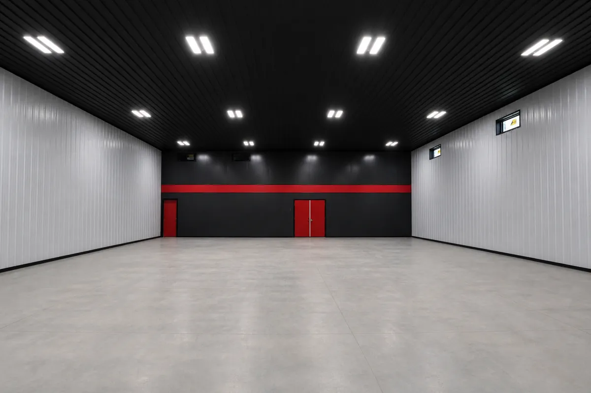 Post-frame shop interior with black and red accent wall, recessed lighting, and finished concrete floor.